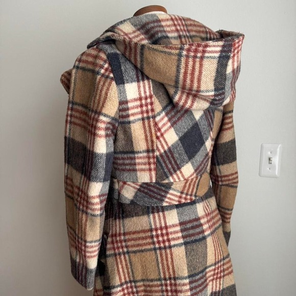 Vintage Plaid Wool Coat with Hood Tan Red XS Small - Picture 3 of 7
